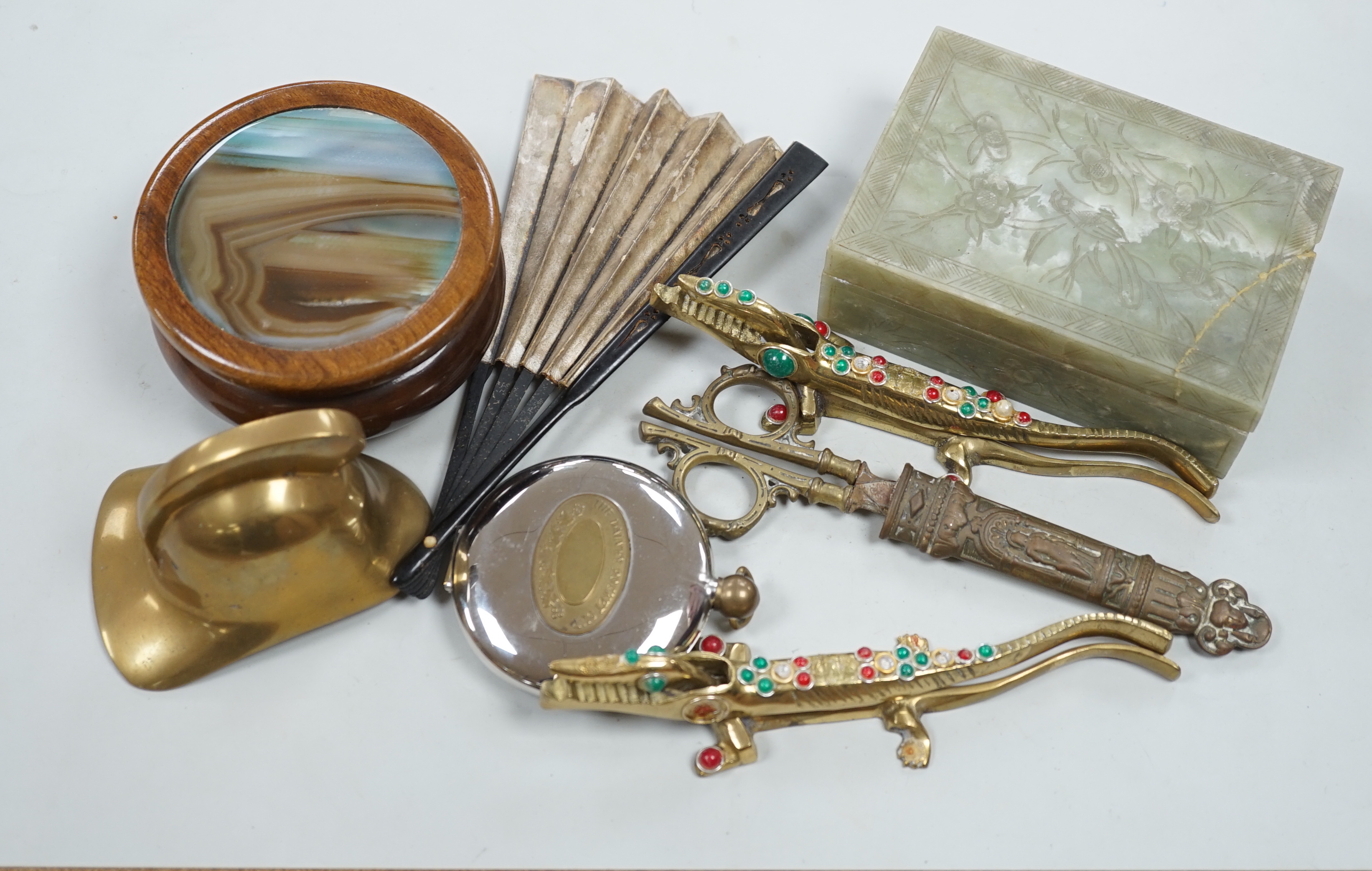A collection of various collectables to include a George V silver mounted onyx cigarette box, a pair of gilt carved wall brackets, boxes etc.